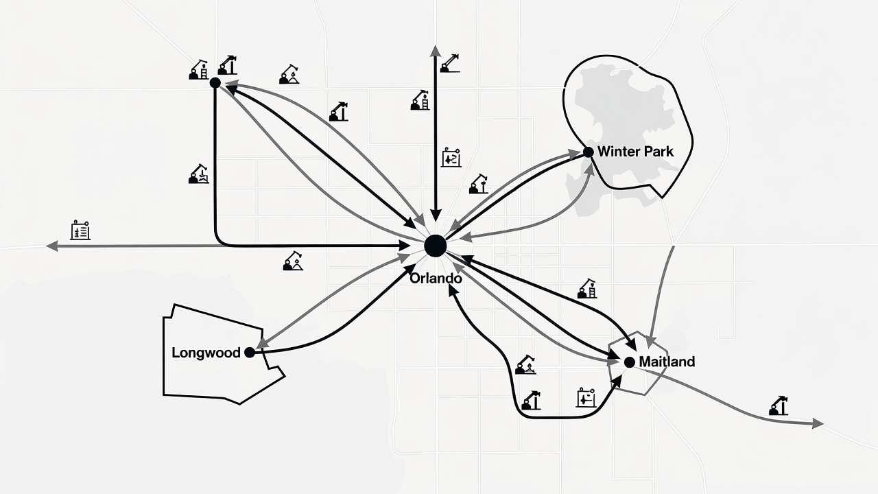 Clean map-style illustration highlighting Orlando, Winter Park, Maitland, and Longwood with connecting service area lines and builder icons.