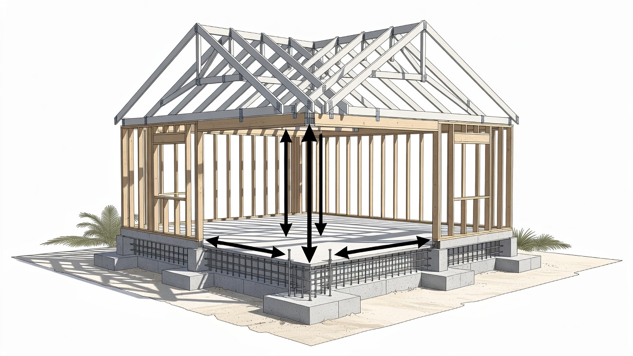 Clean technical diagram showing continuous load path connections from roof trusses through wall framing to reinforced foundation in a Florida custom home setting