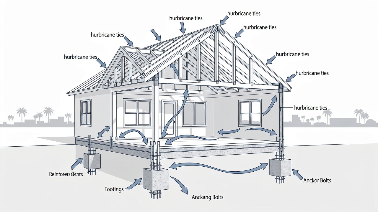 Clean technical diagram showing custom home elevation with labeled continuous load path elements including roof-to-wall hurricane ties, wall-to-foundation straps, and reinforced footings against a Longwood Florida skyline silhouette