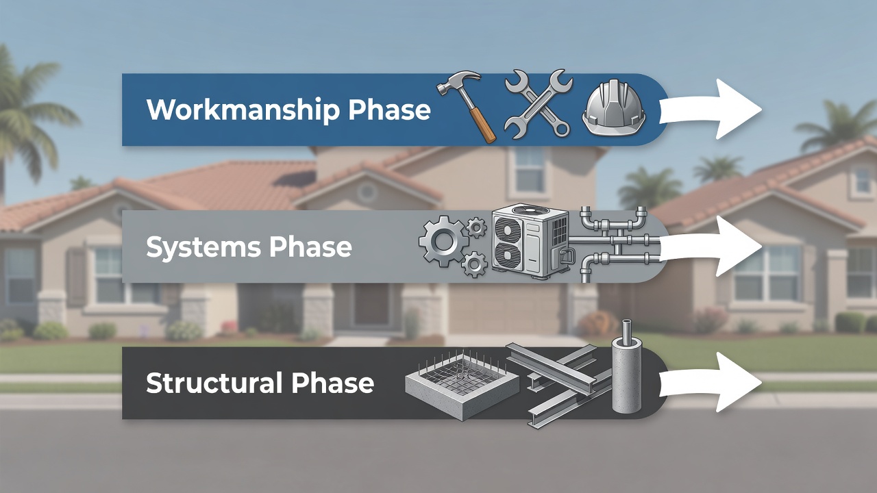Clean technical diagram showing three horizontal timeline bars labeled Workmanship Phase, Systems Phase, and Structural Phase with icons for labor tools, mechanical systems, and foundation reinforcement against a neutral Florida residential background