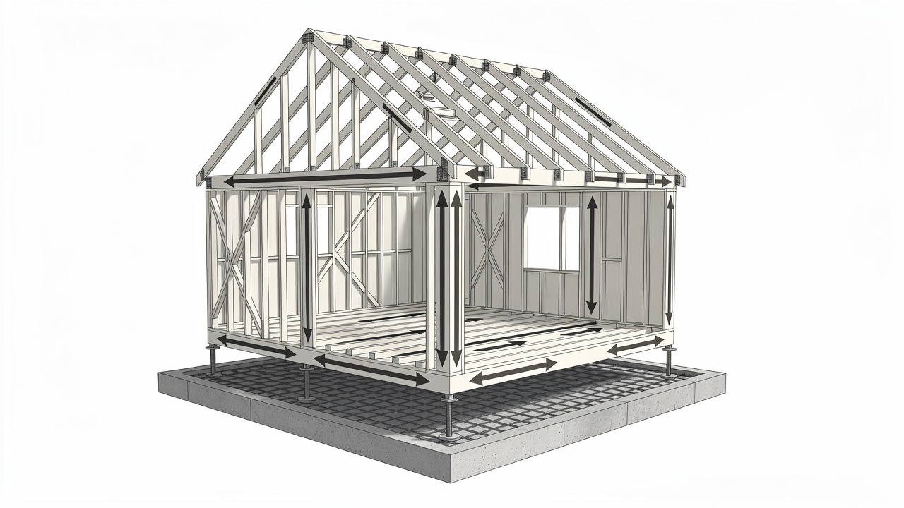 Clean technical illustration showing continuous load path from roof trusses through wall framing to reinforced foundation with labeled hurricane ties, shear walls, and anchor bolts on a Florida custom home outline