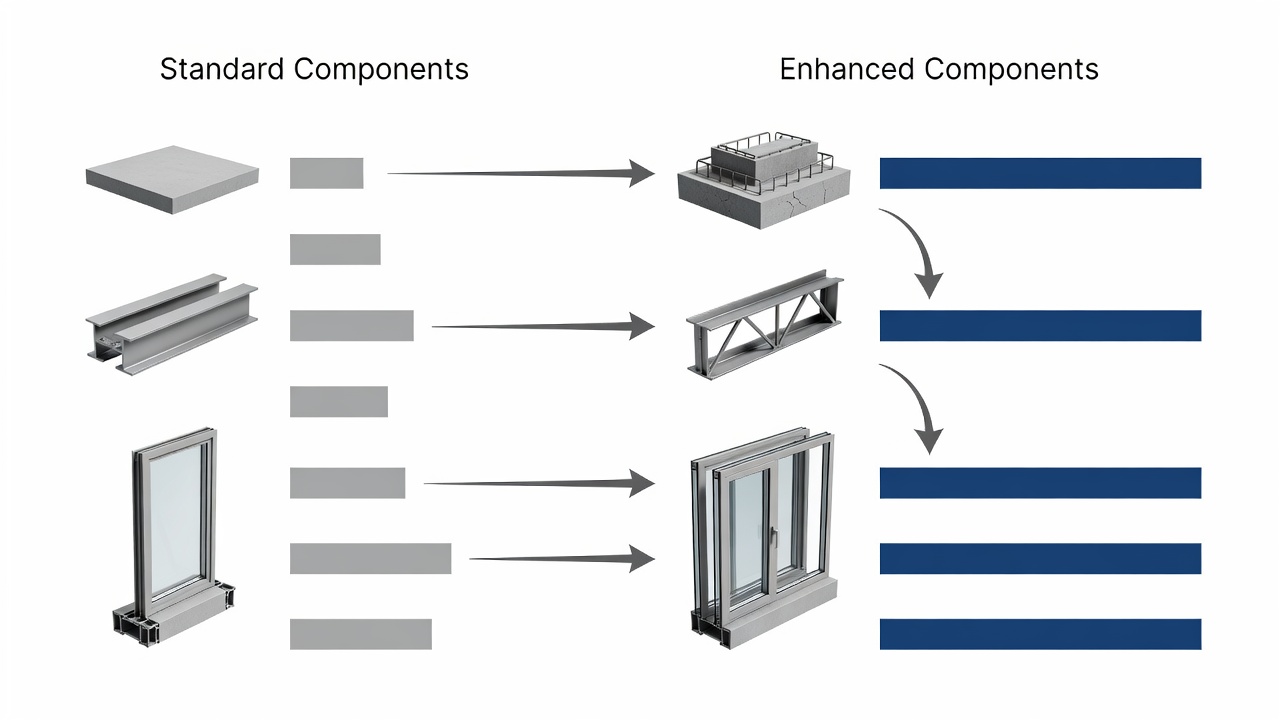Clear conceptual chart comparing standard and enhanced commercial construction components with warranty coverage timelines displayed as horizontal bars.