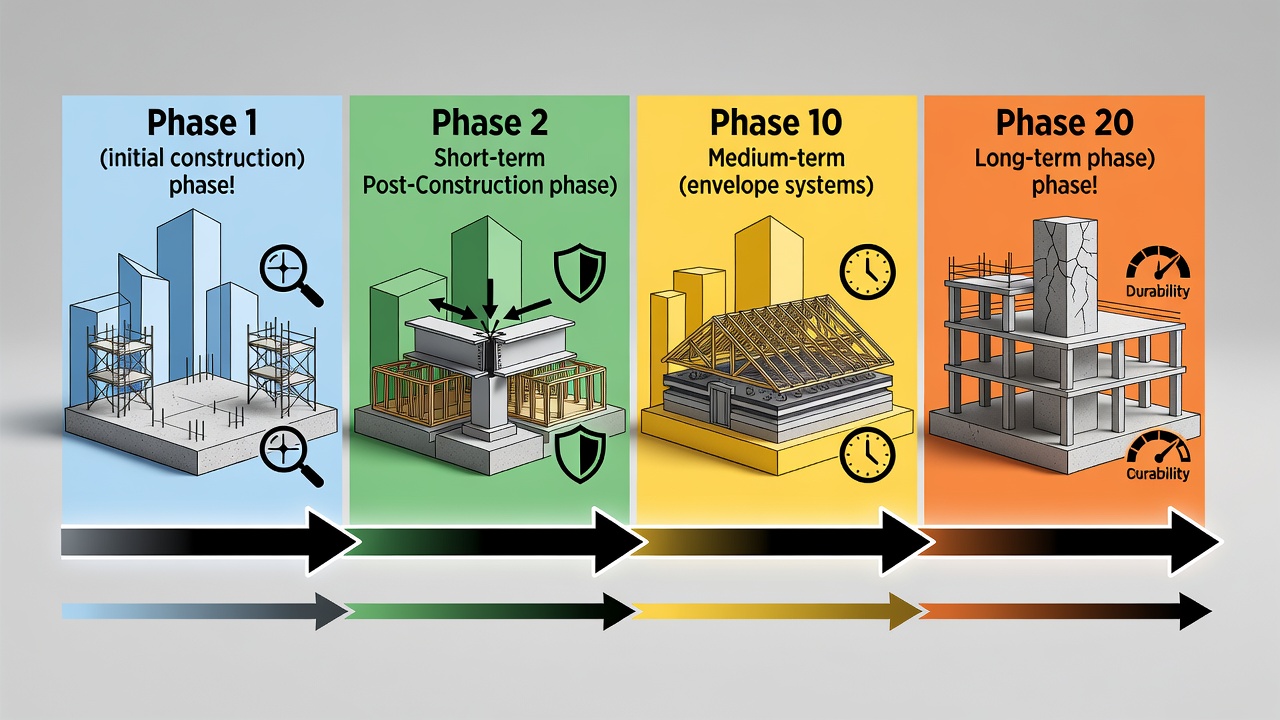 Comparison chart diagram displaying StrucSure warranty phases 1-2-10-20 for commercial construction projects in Longwood Florida with labeled coverage timelines and structural integrity icons