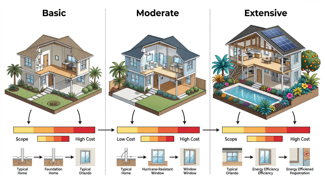 Comparison chart of renovation scope options with cost bands and typical Orlando home impact