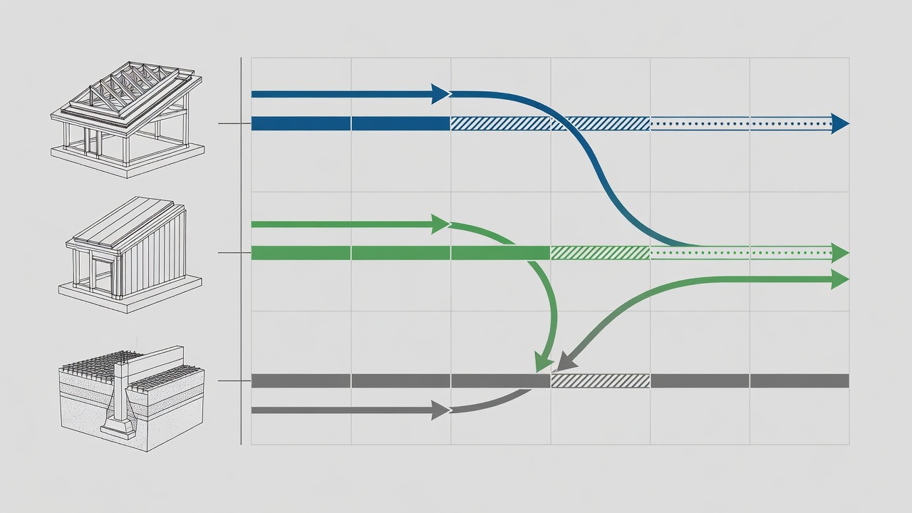 Comparison chart showing StrucSure warranty phases for Longwood commercial construction projects with timeline bars indicating coverage periods for roof, wall, and foundation elements.
