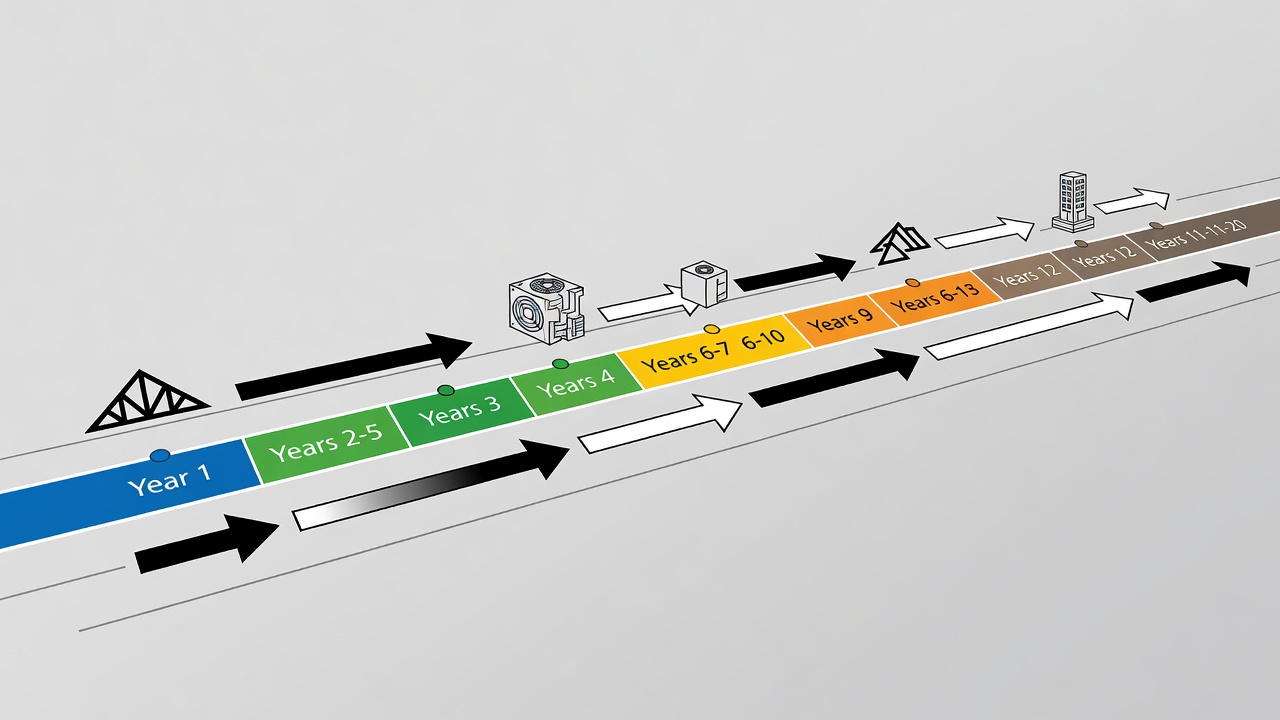 Conceptual illustration of warranty timeline phases for Central Florida commercial construction projects showing coverage periods from year 1 through year 20 with key milestones marked