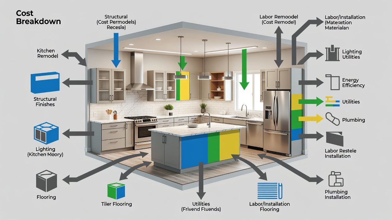 Detailed diagram showing cost breakdown categories for a kitchen remodel project in a modern Florida home setting with labeled elements for cabinets, countertops, and appliances.