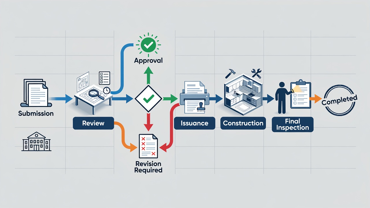 Detailed illustration of the Seminole County kitchen remodel permit application workflow showing steps from submission to final inspection