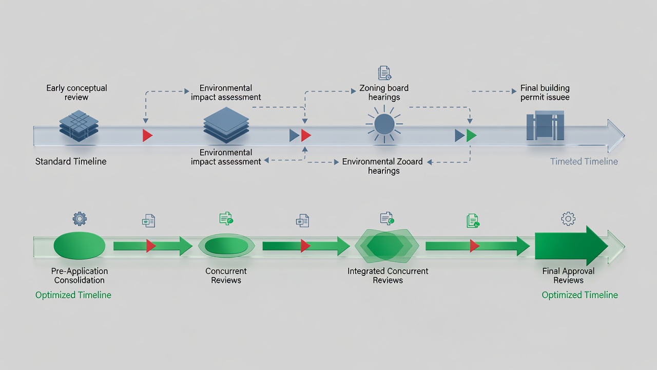 Diagram comparing standard versus optimized permitting timelines for commercial construction projects in Longwood, highlighting key approval milestones.