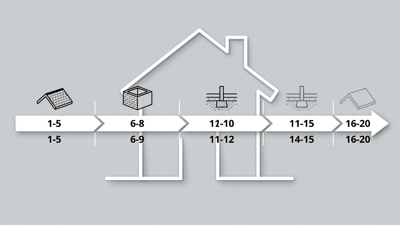 Diagram of warranty timeline showing coverage phases from year 1 through year 20 with icons for roof, walls, and foundation elements on a Longwood home outline.