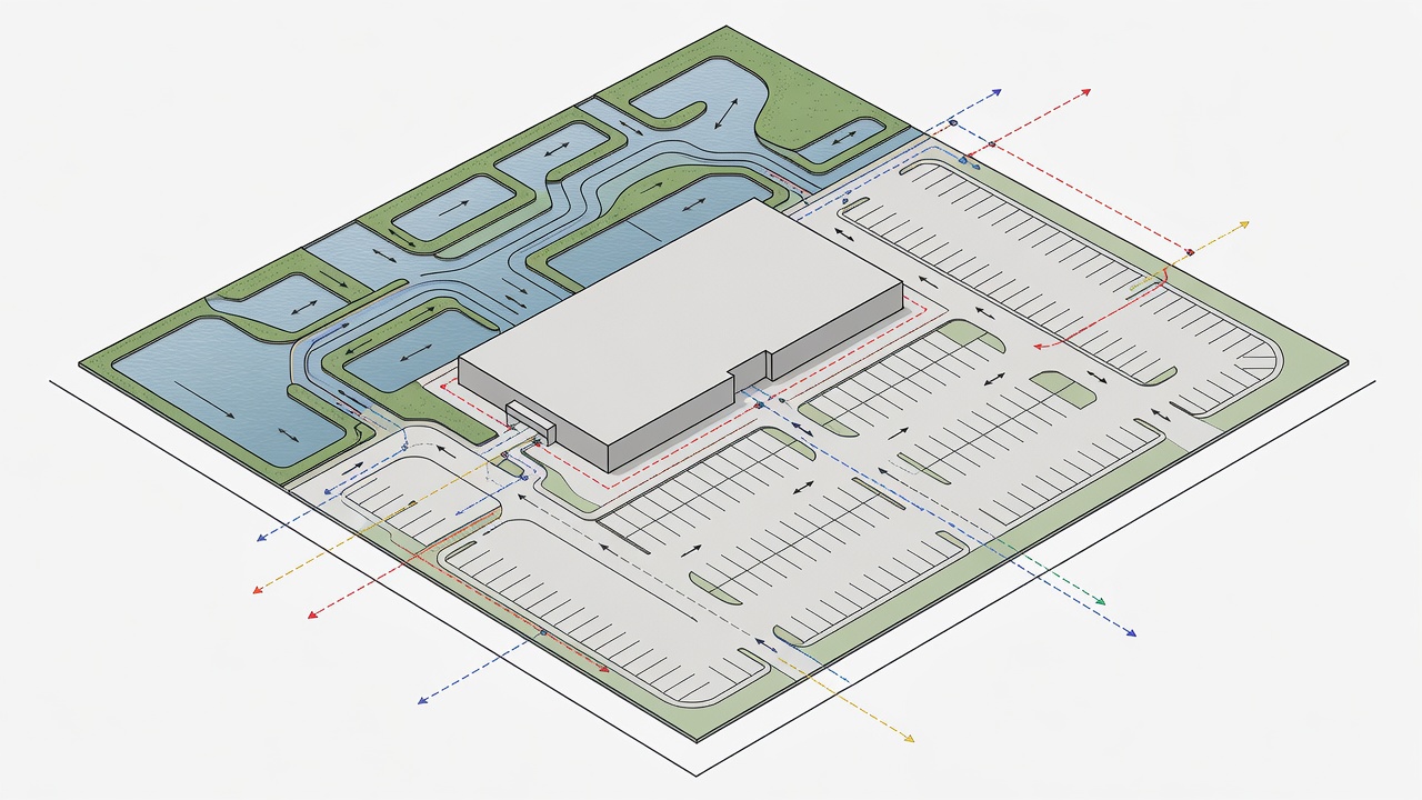 Educational diagram showing a commercial site plan layout for Longwood with labeled zones for building footprint, parking, stormwater retention, and utility connections.