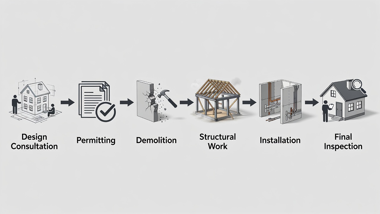 Educational diagram showing a phased renovation workflow for a Winter Park home: design consultation, permitting, demolition, structural work, installation, and final inspection stages illustrated with simple icons and arrows.