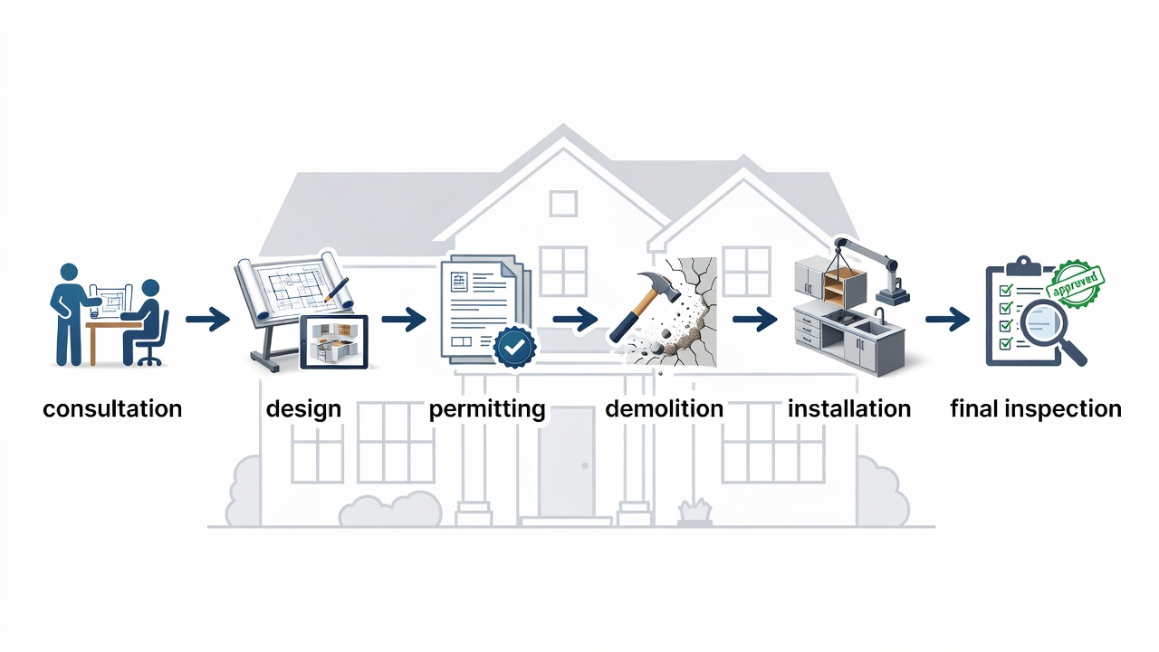 Educational diagram showing a step-by-step kitchen remodeling workflow with icons for consultation, design, permitting, demolition, installation, and final inspection set against a Longwood home silhouette.