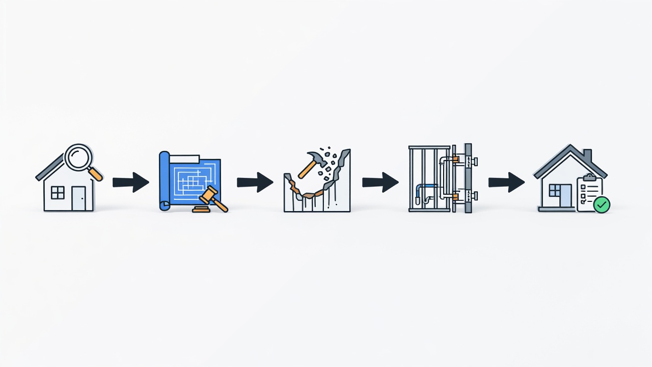 Educational diagram showing a step-by-step renovation workflow for Maitland homes with icons for assessment, permitting, demolition, installation, and final inspection stages.