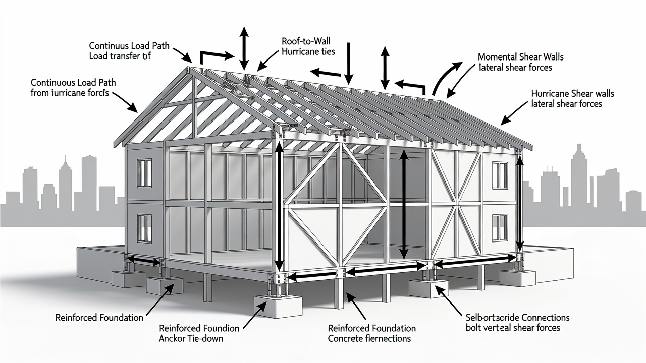 Educational diagram showing commercial building elevation with labeled continuous load path elements including roof-to-wall hurricane ties, enhanced shear walls, and reinforced foundation connections rated for 140 mph winds against Longwood Florida skyline silhouette