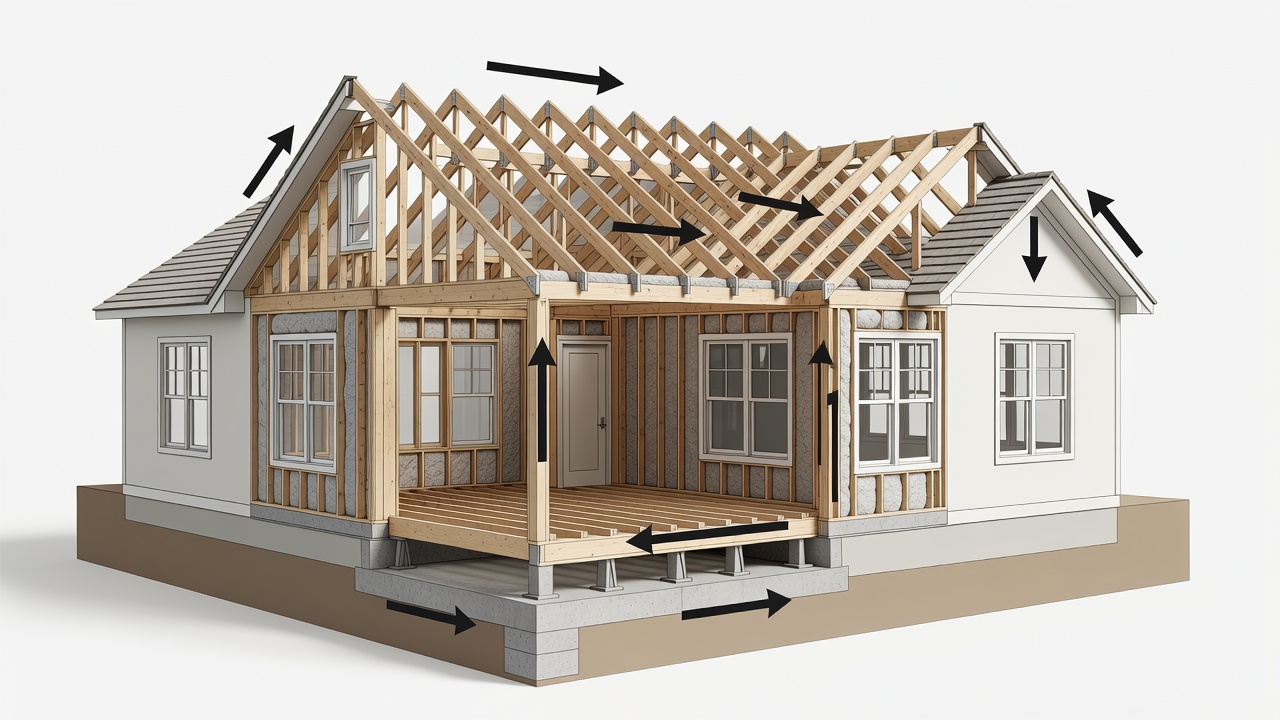 Educational diagram showing continuous load path from roof to foundation with energy efficiency layers including insulation and impact windows for a 140 mph rated Florida home