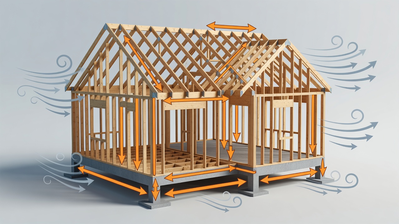 Educational diagram showing continuous load path from roof to foundation with hurricane ties and 140 mph wind indicators for Longwood Florida custom home floor plans