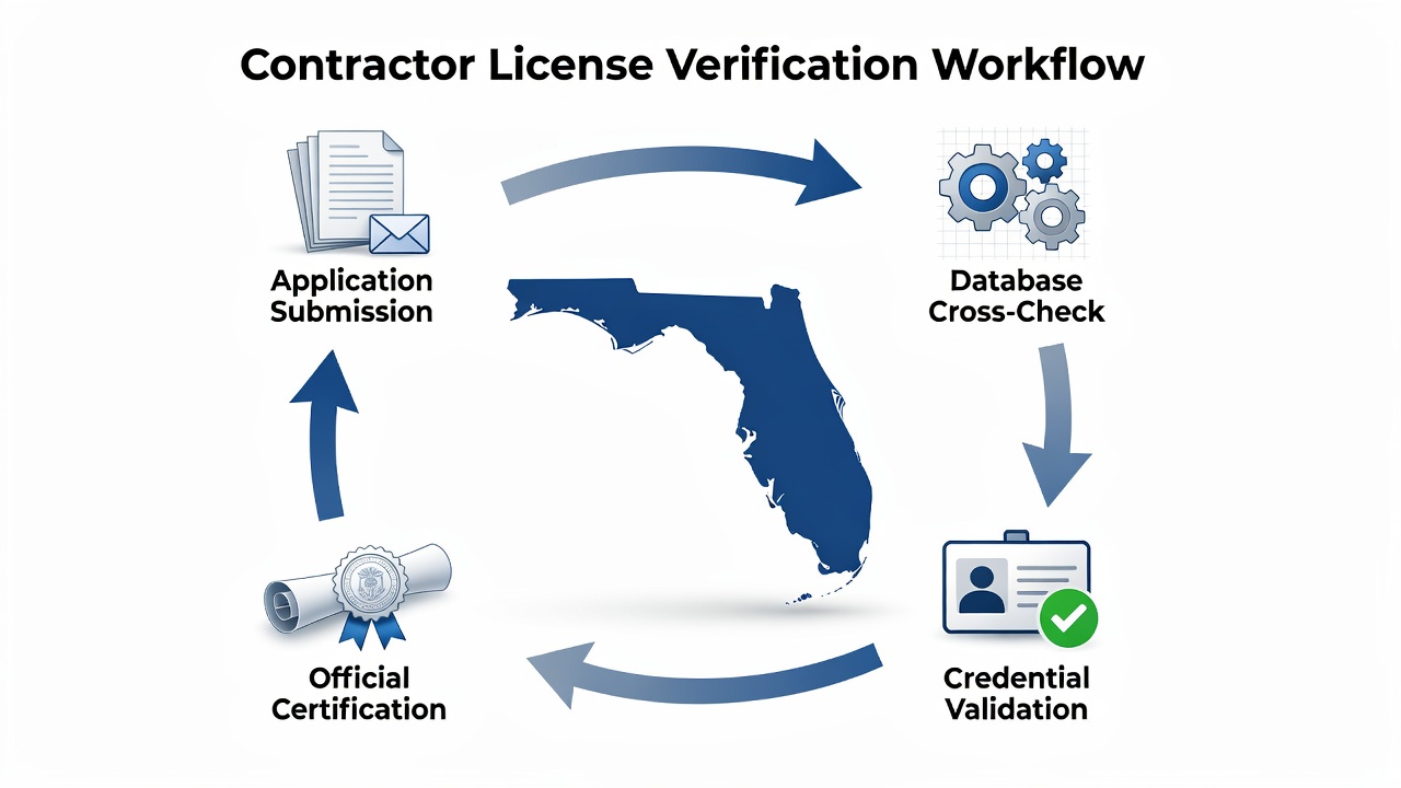 Educational diagram showing contractor license verification workflow with Florida outline and document icons