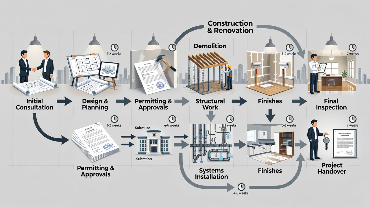 Educational diagram showing renovation workflow from initial consultation through final inspection with labeled stages and typical durations for Orlando projects