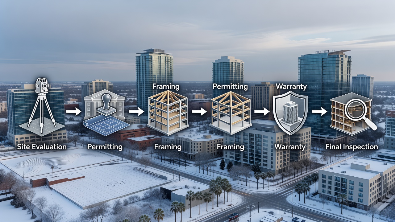 Educational diagram showing the commercial construction workflow from site evaluation to final inspection with icons for permitting, framing, and warranty phases set against a Winter Florida cityscape background.