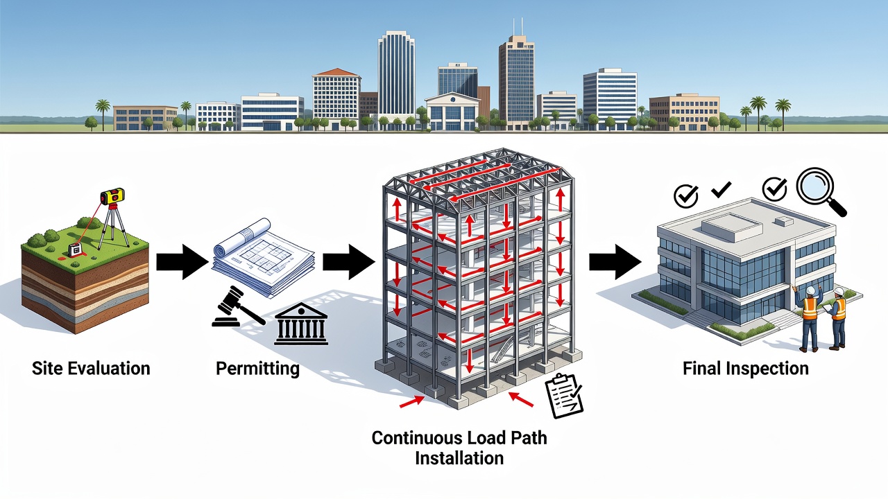 Educational diagram showing the commercial construction workflow in Longwood with labeled stages for site evaluation, permitting, continuous load path installation, and final inspection set against a Seminole County skyline background.