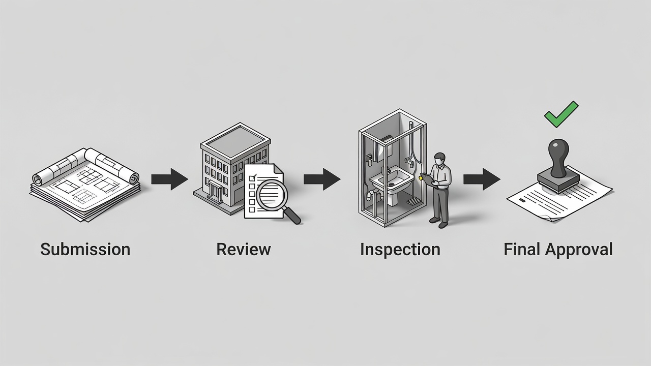Educational diagram showing the permit workflow steps for a bathroom remodel longwood florida project including submission, review, inspection, and final approval stages with icons for each phase