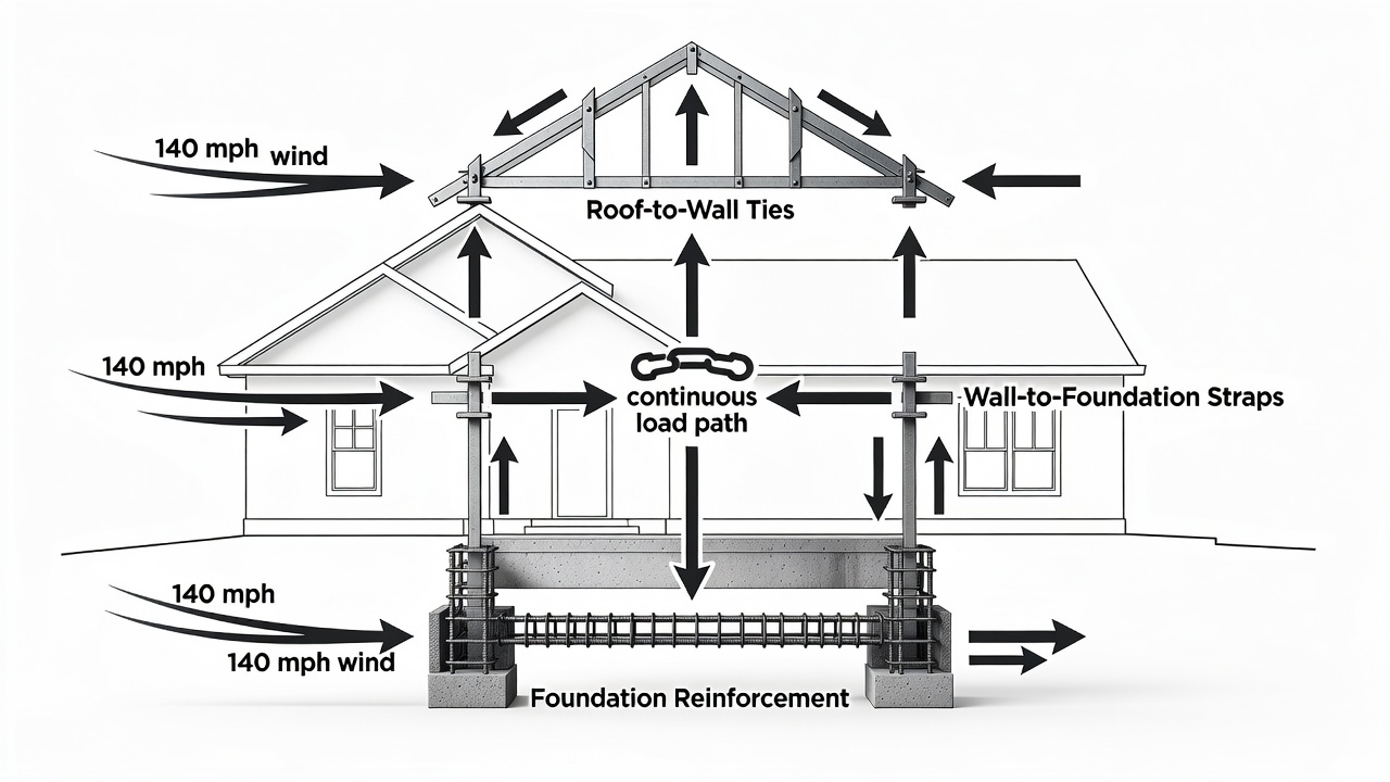 Educational diagram showing three horizontal timeline bars labeled Roof-to-Wall Ties, Wall-to-Foundation Straps, and Foundation Reinforcement with icons for hurricane straps, continuous load path, and 140 mph wind arrows, set against a Florida custom home silhouette background
