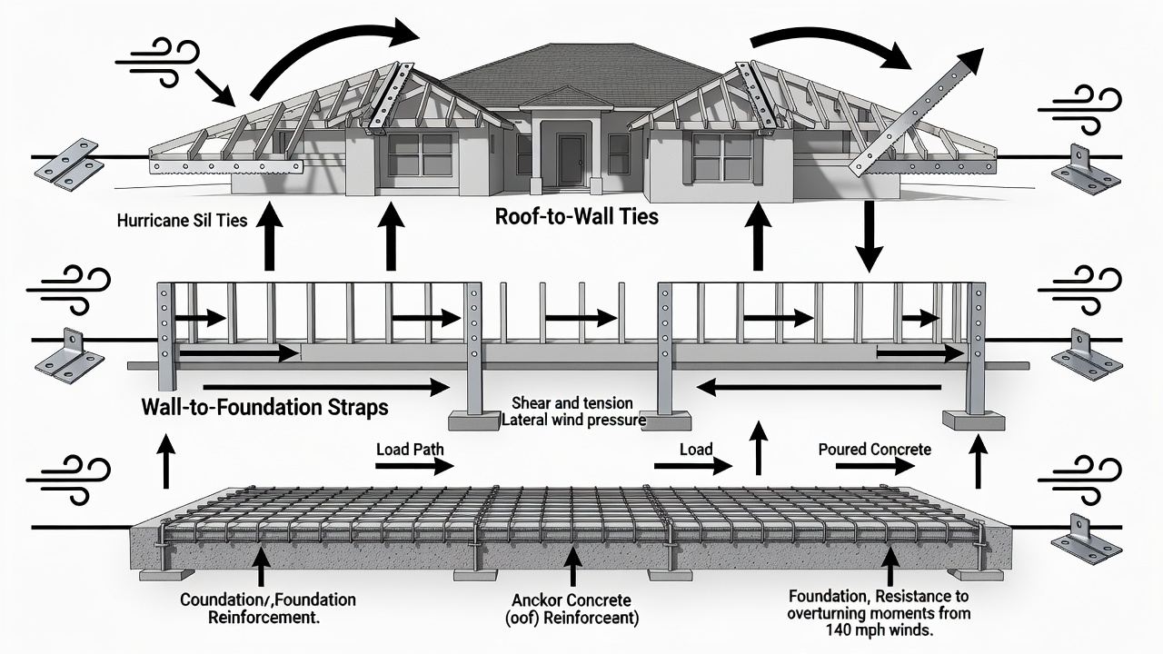 Educational diagram showing three horizontal timeline bars labeled Roof-to-Wall Ties, Wall-to-Foundation Straps, and Foundation Reinforcement with icons for hurricane straps, continuous load path, and 140 mph wind arrows, set against a Florida custom home silhouette background