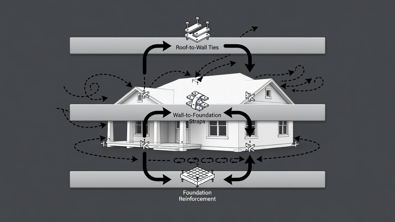 Educational diagram showing three horizontal timeline bars labeled Roof-to-Wall Ties, Wall-to-Foundation Straps, and Foundation Reinforcement with icons for hurricane straps, continuous load path, and wind arrows, set against a Florida custom home silhouette background