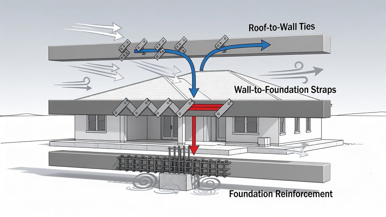 Educational diagram showing three horizontal timeline bars labeled Roof-to-Wall Ties, Wall-to-Foundation Straps, and Foundation Reinforcement with icons for hurricane straps, continuous load path, and wind arrows, set against a Florida custom home silhouette background.