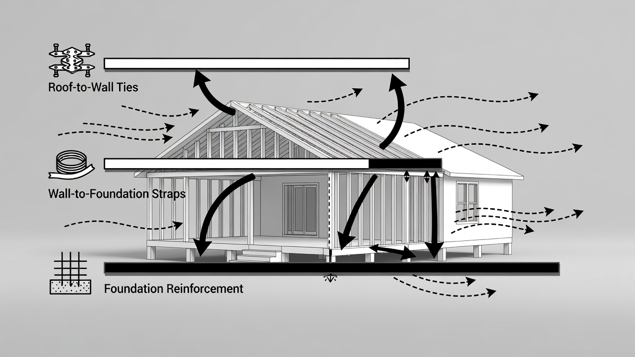 Educational diagram showing three horizontal timeline bars labeled Roof-to-Wall Ties, Wall-to-Foundation Straps, and Foundation Reinforcement with icons for hurricane straps, continuous load path, and wind arrows, set against a Florida custom home silhouette background.