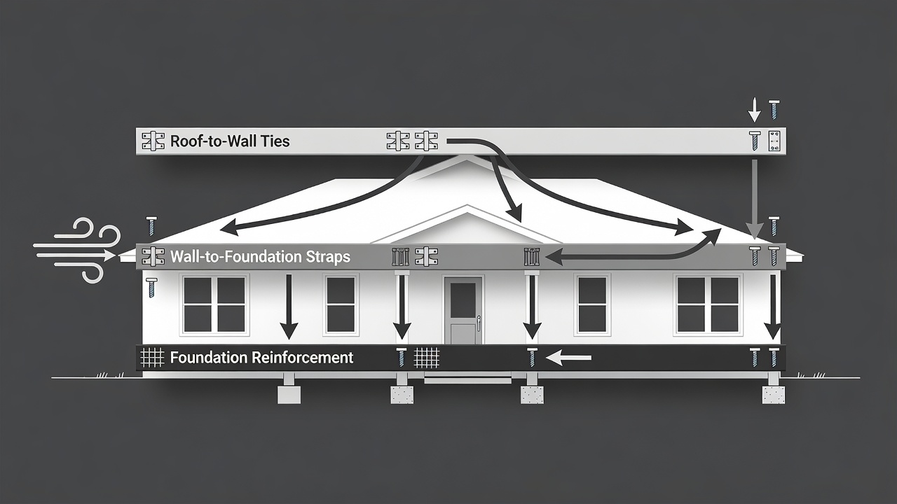 Educational diagram showing three horizontal timeline bars labeled Roof-to-Wall Ties, Wall-to-Foundation Straps, and Foundation Reinforcement with icons for hurricane straps, continuous load path, and wind arrows, set against a Florida custom home silhouette background.