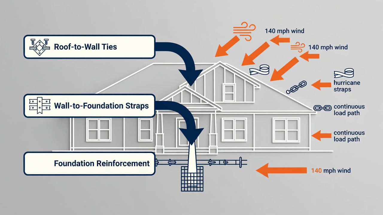 Educational diagram showing three horizontal timeline bars labeled Roof-to-Wall Ties, Wall-to-Foundation Straps, and Foundation Reinforcement with icons for hurricane straps, continuous load path, and 140 mph wind arrows, set against a Florida custom home silhouette background