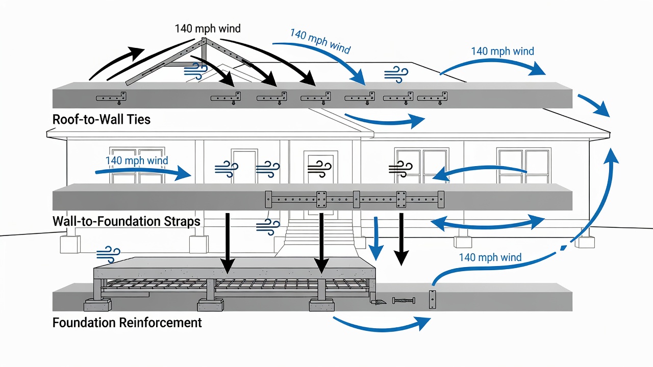 Educational diagram showing three horizontal timeline bars labeled Roof-to-Wall Ties, Wall-to-Foundation Straps, and Foundation Reinforcement with icons for hurricane straps, continuous load path, and 140 mph wind arrows, set against a Florida custom home silhouette background