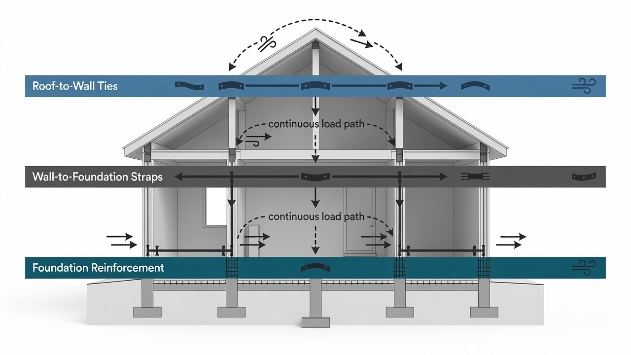 Educational diagram showing three horizontal timeline bars labeled Roof-to-Wall Ties, Wall-to-Foundation Straps, and Foundation Reinforcement with icons for hurricane straps, continuous load path, and wind arrows, set against a Florida custom home silhouette background