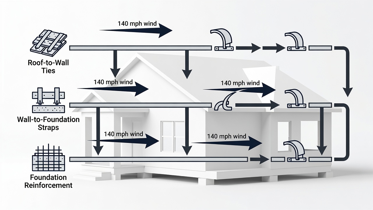 Educational diagram showing three horizontal timeline bars labeled Roof-to-Wall Ties, Wall-to-Foundation Straps, and Foundation Reinforcement with icons for hurricane straps, continuous load path, and 140 mph wind arrows, set against a Florida custom home silhouette background