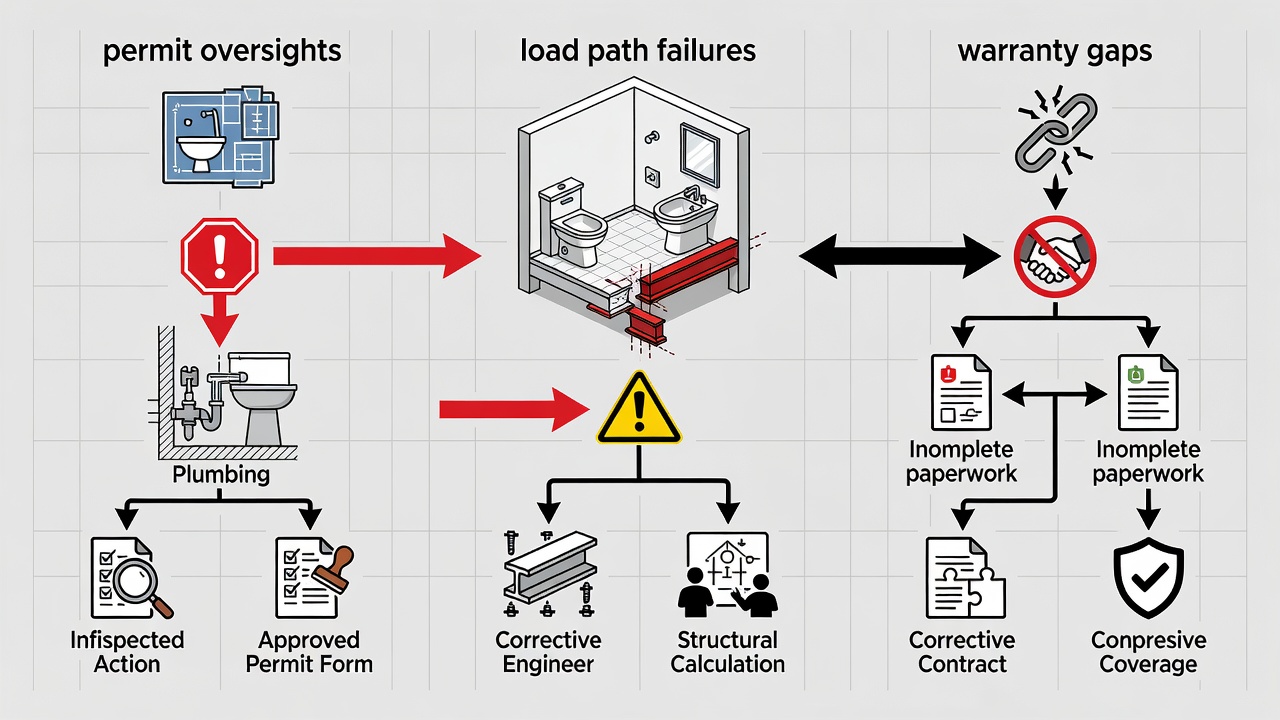 Educational flowchart highlighting three common pitfalls in Longwood bathroom remodel projects with warning icons and corrective actions for permit oversights, load path failures, and warranty gaps