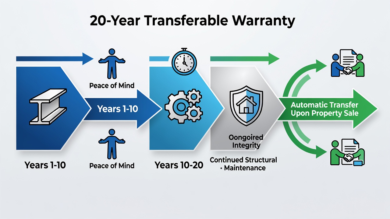 Flowchart diagram illustrating the 20-year transferable warranty timeline with phases for years 1-10, years 10-20, and automatic transfer upon property sale, including icons for structural coverage and owner benefits.