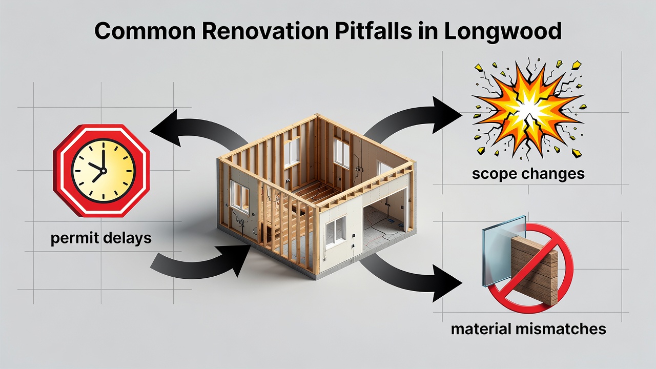 Flowchart illustrating common renovation pitfalls in Longwood with warning icons for permit delays, scope changes, and material mismatches.