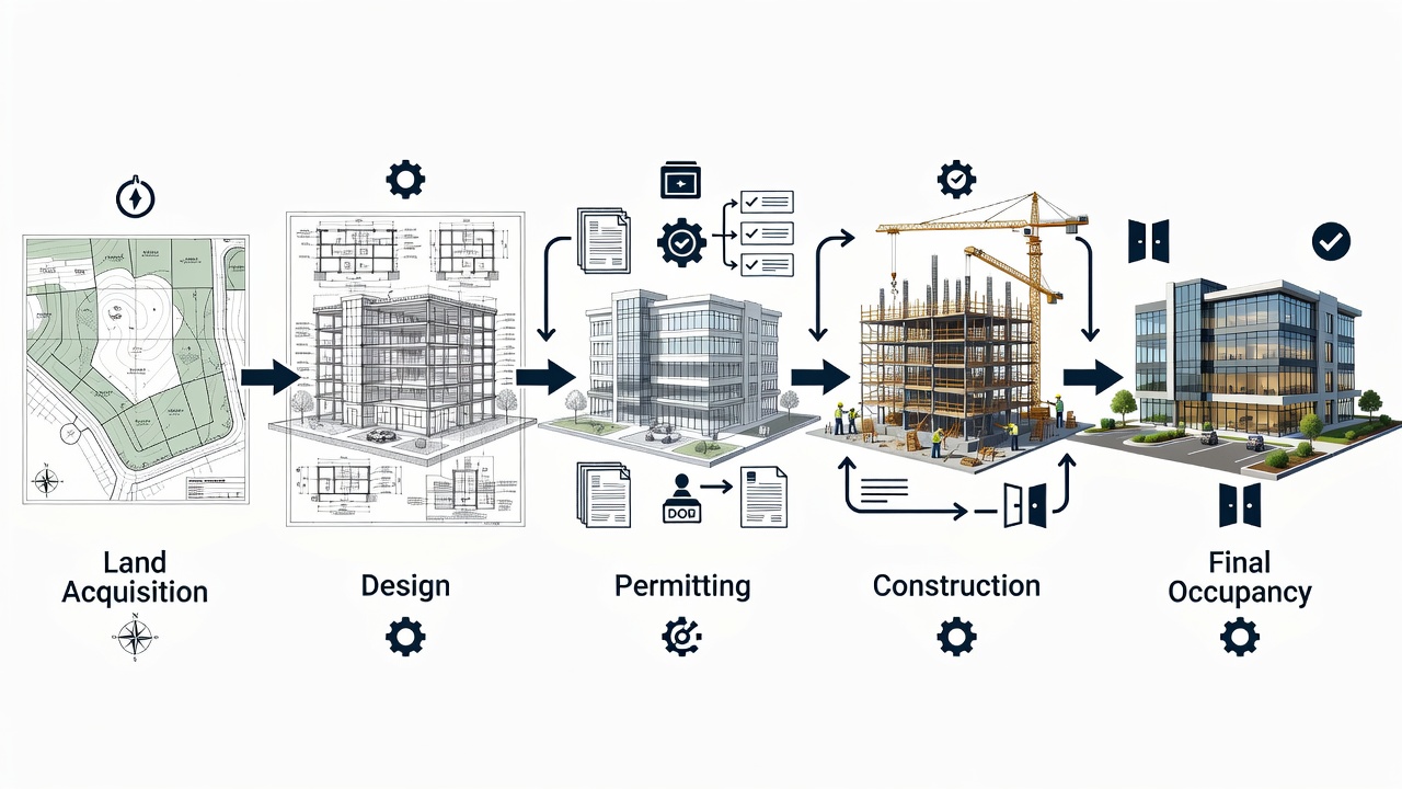 Flowchart illustrating the progression from land acquisition through design, permitting, construction, and final occupancy for commercial projects in Longwood Florida.