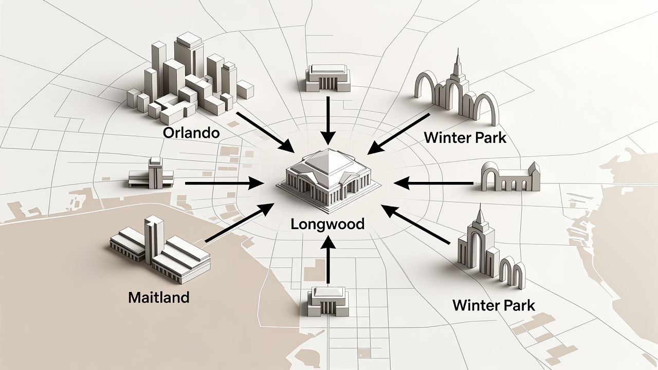 Map-style diagram highlighting Longwood Florida at the center with connected service areas including Orlando, Winter Park, and Maitland marked with structural icons.