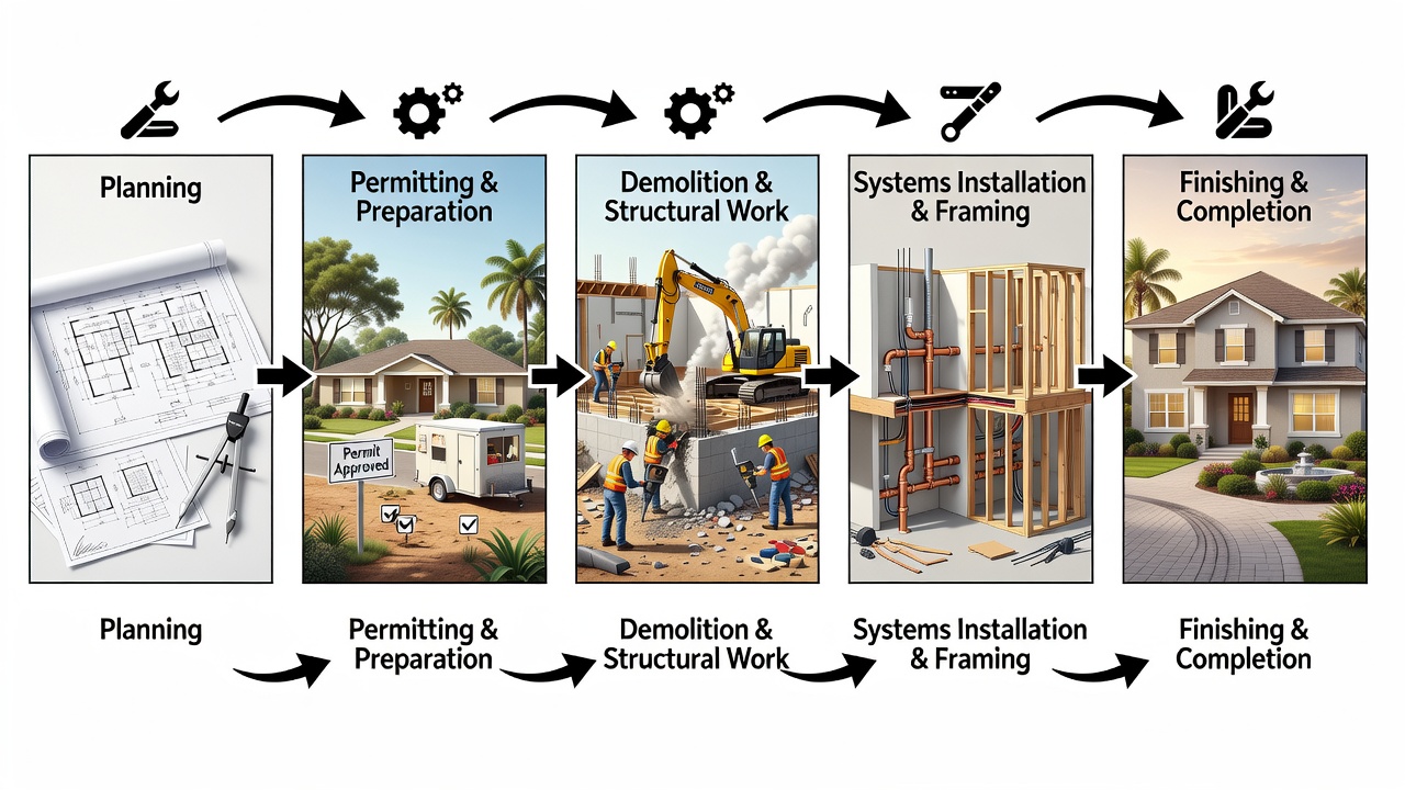 Professional illustration of a Central Florida home renovation process showing sequential stages from planning to completion with labeled steps in a clean flowchart style.