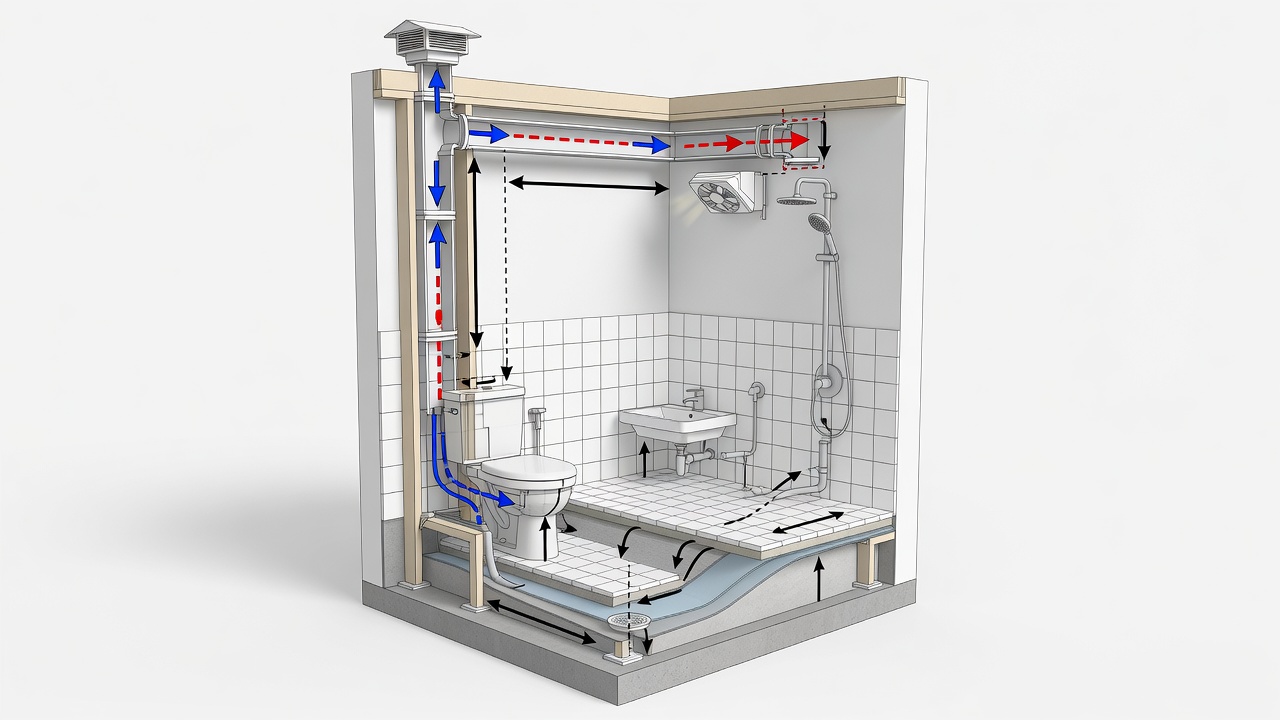 Structural diagram illustrating proper bathroom ventilation paths, waterproofing layers, and fixture placement for Longwood renovation projects.