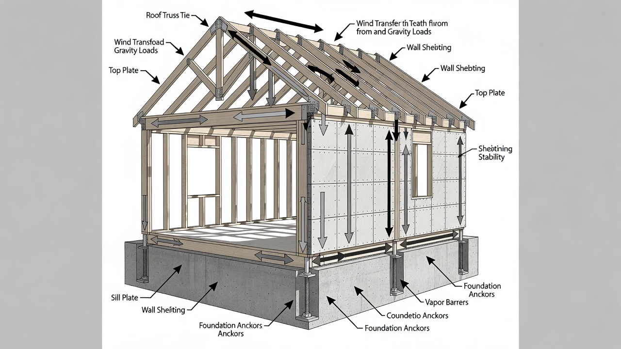 Technical cross-section illustration of a custom home wall assembly highlighting continuous load path elements including roof truss ties, wall sheathing, and foundation anchors with labeled callouts.