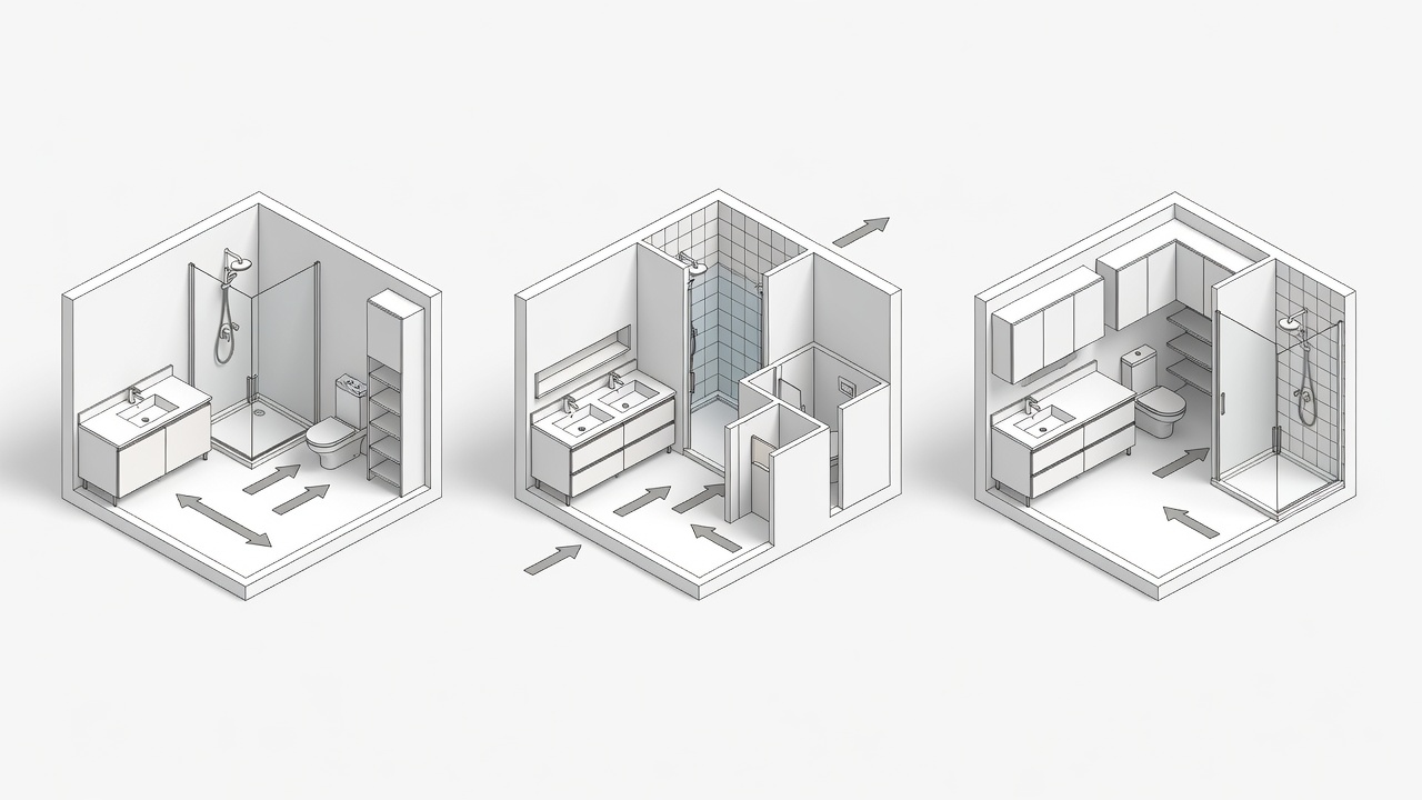 Technical diagram illustrating common Maitland bathroom layout options with labeled zones for vanity, shower, toilet, and storage to guide renovation planning.