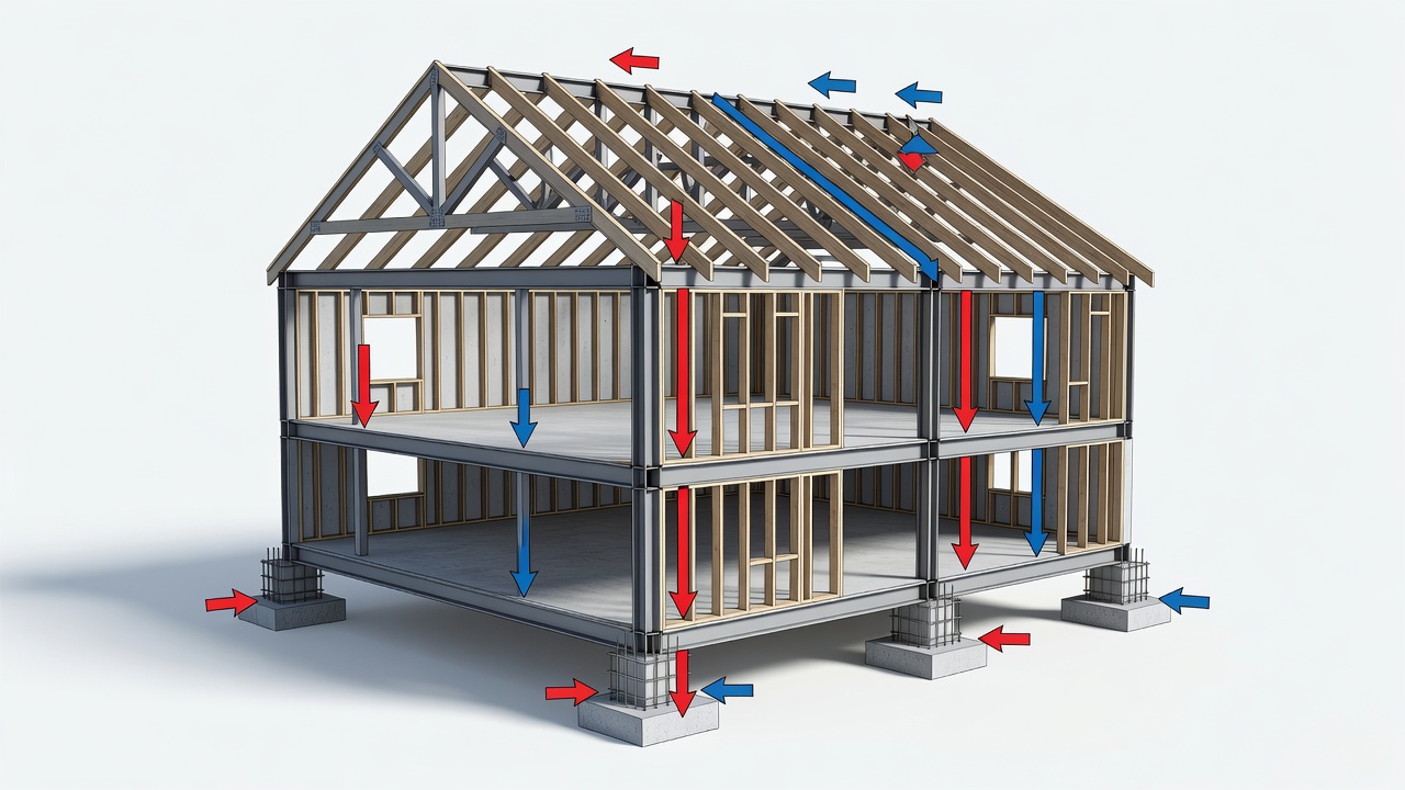 Technical diagram illustrating continuous load path engineering for a Longwood commercial building with arrows showing force transfer from roof trusses through wall framing to reinforced foundation footings.