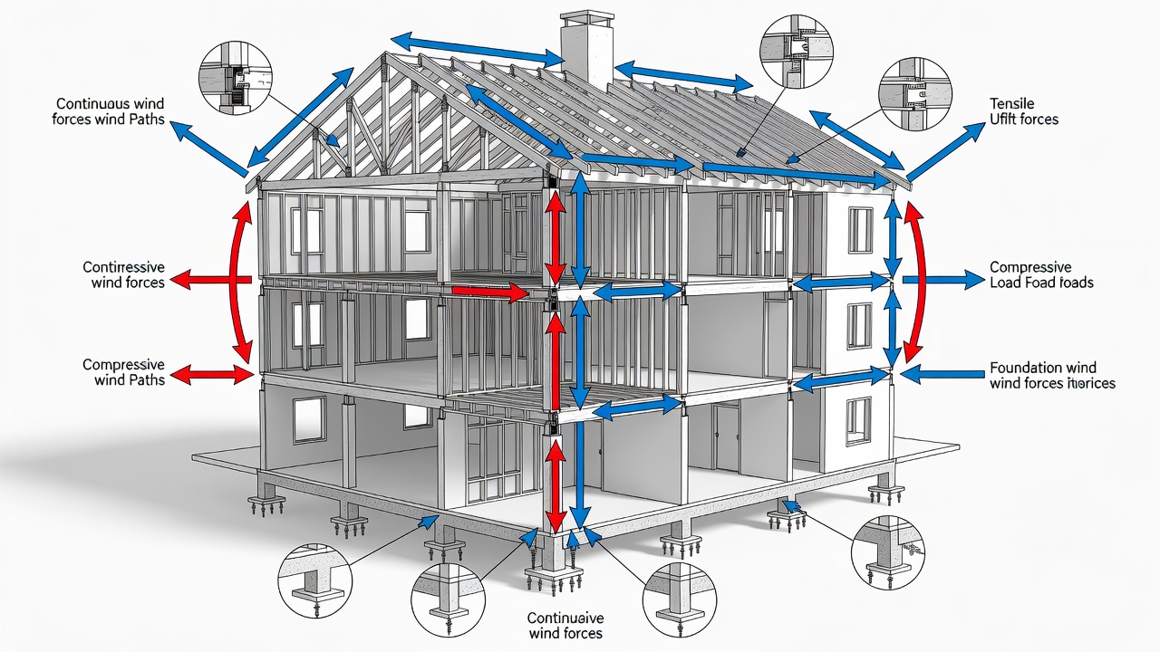 Technical diagram illustrating continuous load path from roof through walls to foundation with labeled connection points and wind force arrows for a commercial building.