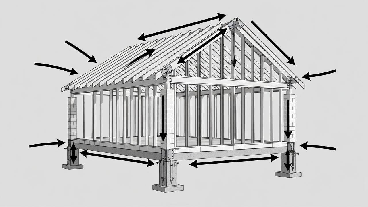 Technical diagram illustrating continuous load path from roof to foundation with labeled hurricane ties and wind force arrows for a Florida custom home