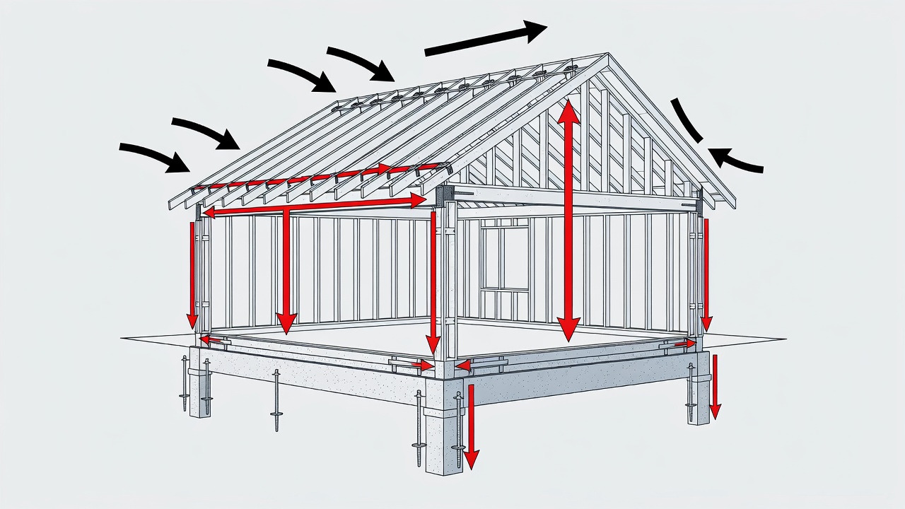 Technical diagram of a Florida custom home cross-section illustrating continuous load path with labeled roof-to-wall ties, wall-to-foundation straps, and reinforced foundation elements under wind load arrows