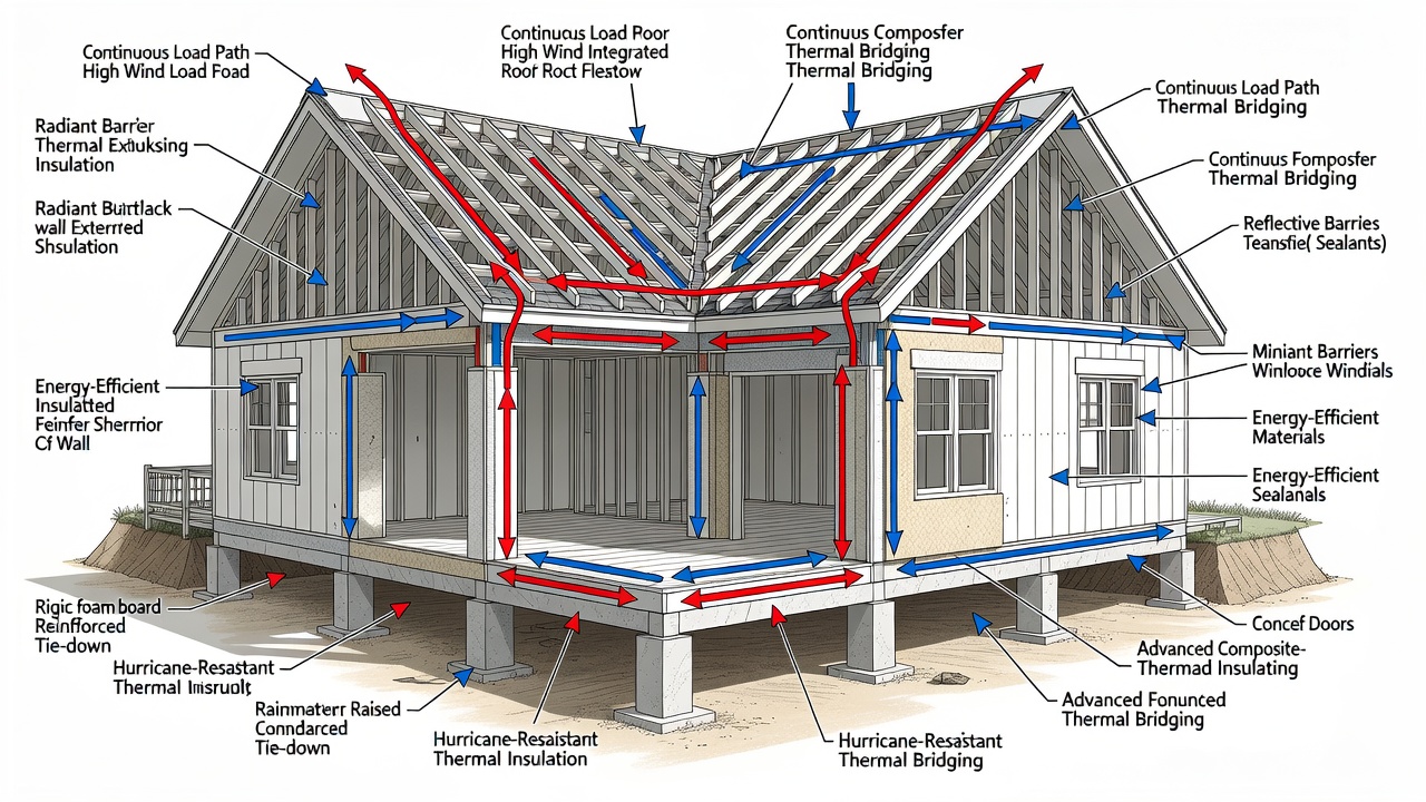 Technical diagram showing continuous load path components with integrated insulation layers and energy-efficient materials for a Florida custom home